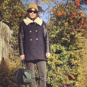 Shearling collar leather sleeve navy peacoat coat